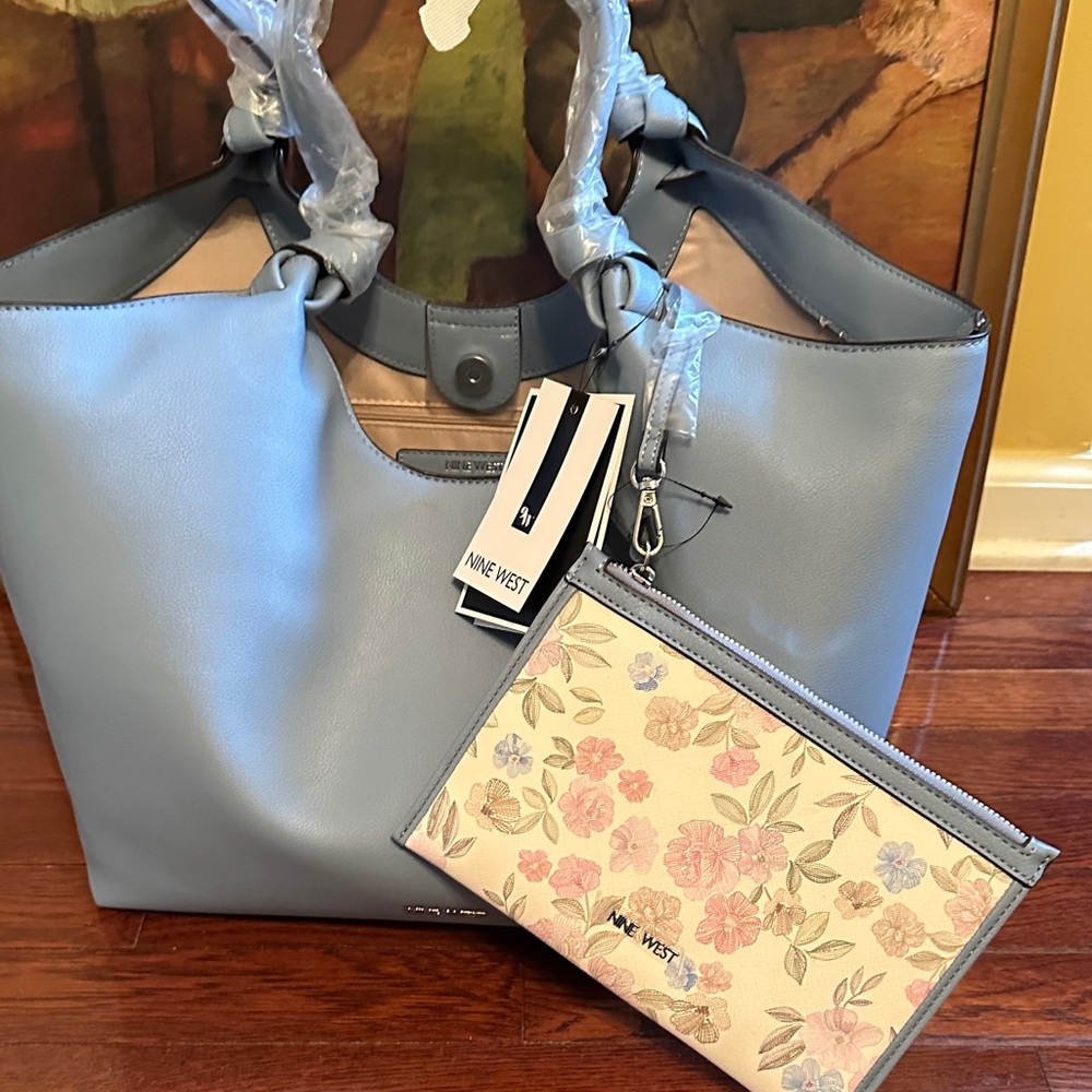 Nine West Large Light Blue Leather Tote with Floral Pouch